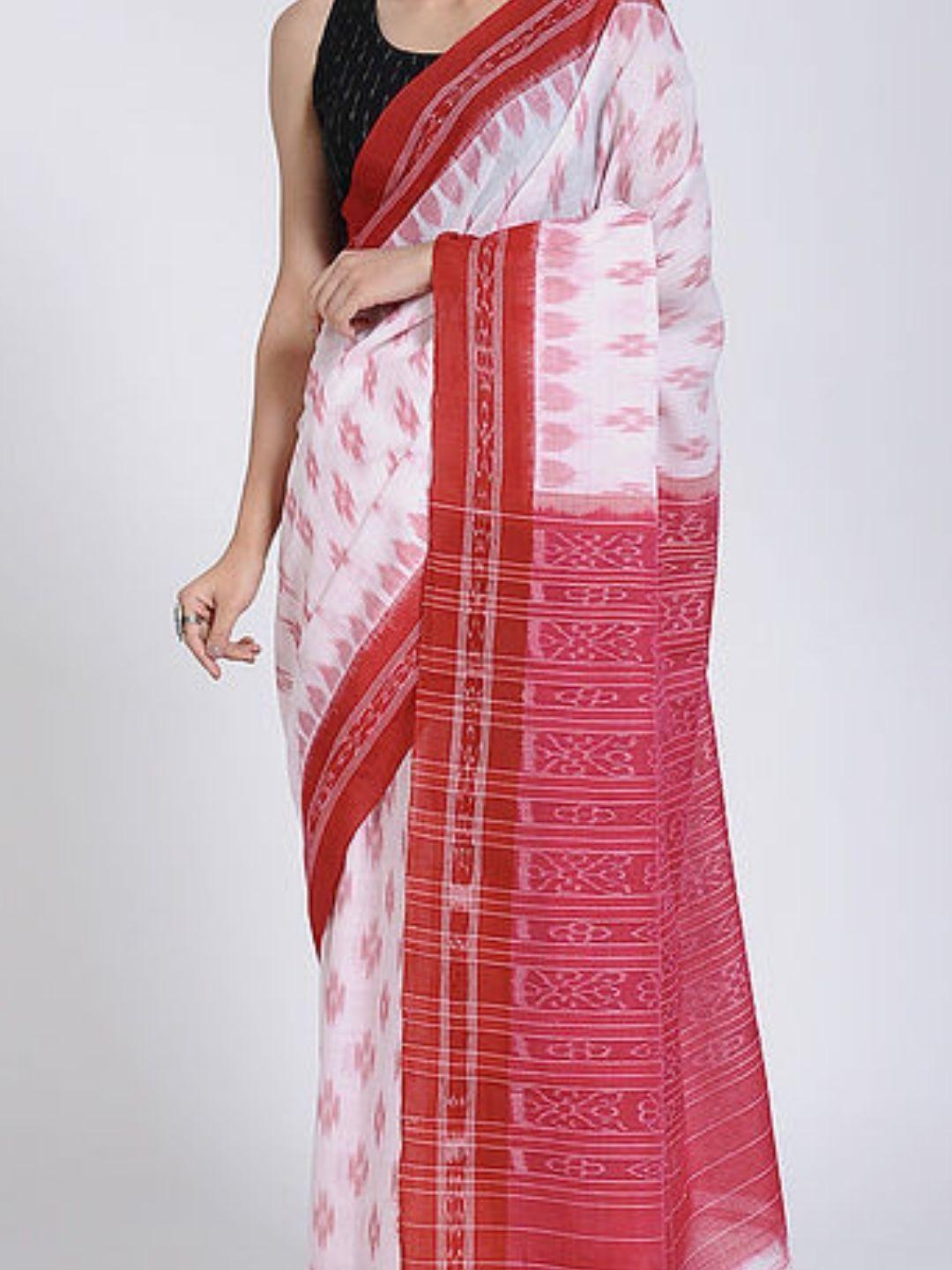 White And Red Sambalpuri Ikat Cotton Saree Crafts Collection white-and-red-sambalpuri-ikat-cotton-saree-crafts-collection