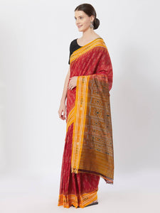 CraftsCollection.in - Red Yellow Sambalpuri Bandha Cotton Saree