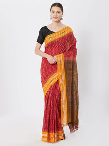 CraftsCollection.in - Red Yellow Sambalpuri Bandha Cotton Saree