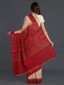 CraftsCollection.in - Offwhite and Red Sambalpuri Bandha Cotton Saree