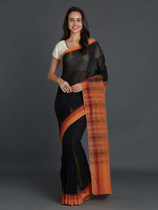 CraftsCollection.in - Black Temple Border Sambalpuri Cotton Saree