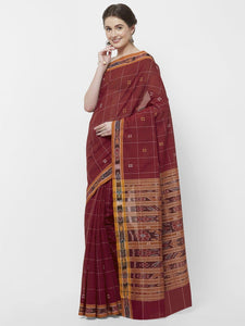 CraftsCollection.in -Red Odisha Cotton Saree with matching Sambalpuri Blouse