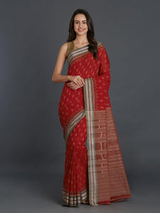 CraftsCollection.in - Red and Grey Sambalpuri Bandha Cotton Saree