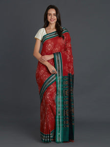 CraftsCollection.in - Red and Green Sambalpuri Cotton Saree