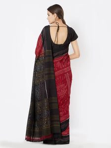 CraftsCollection.in - Red and Black Sambalpuri Double Ikat Cotton Saree