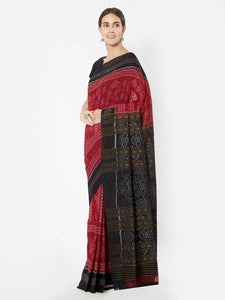 CraftsCollection.in - Red and Black Sambalpuri Double Ikat Cotton Saree