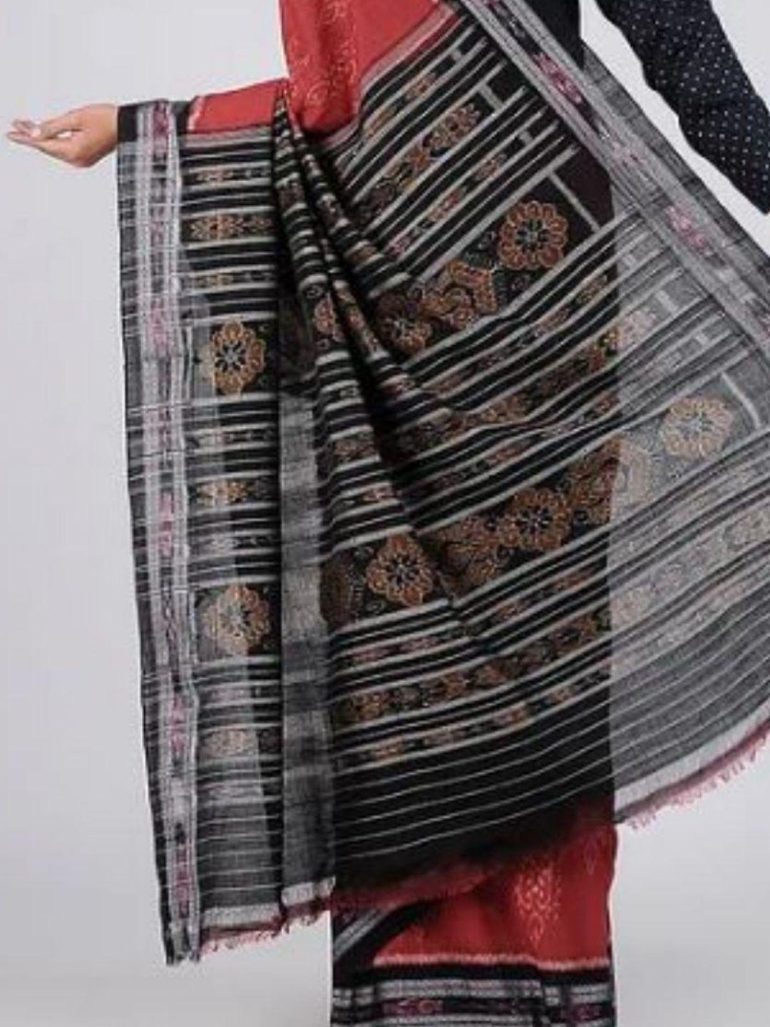 Red and Black Sambalpuri Cotton Saree - Crafts Collection