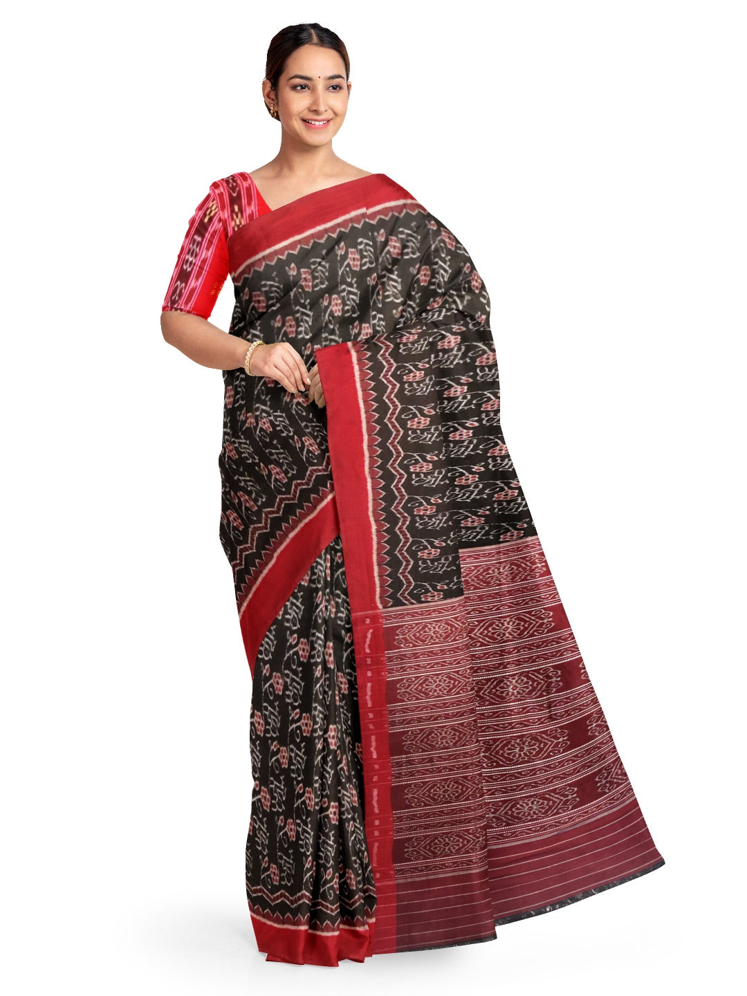 Black Sambalpuri Ikat Cotton Saree with matching blouse piece