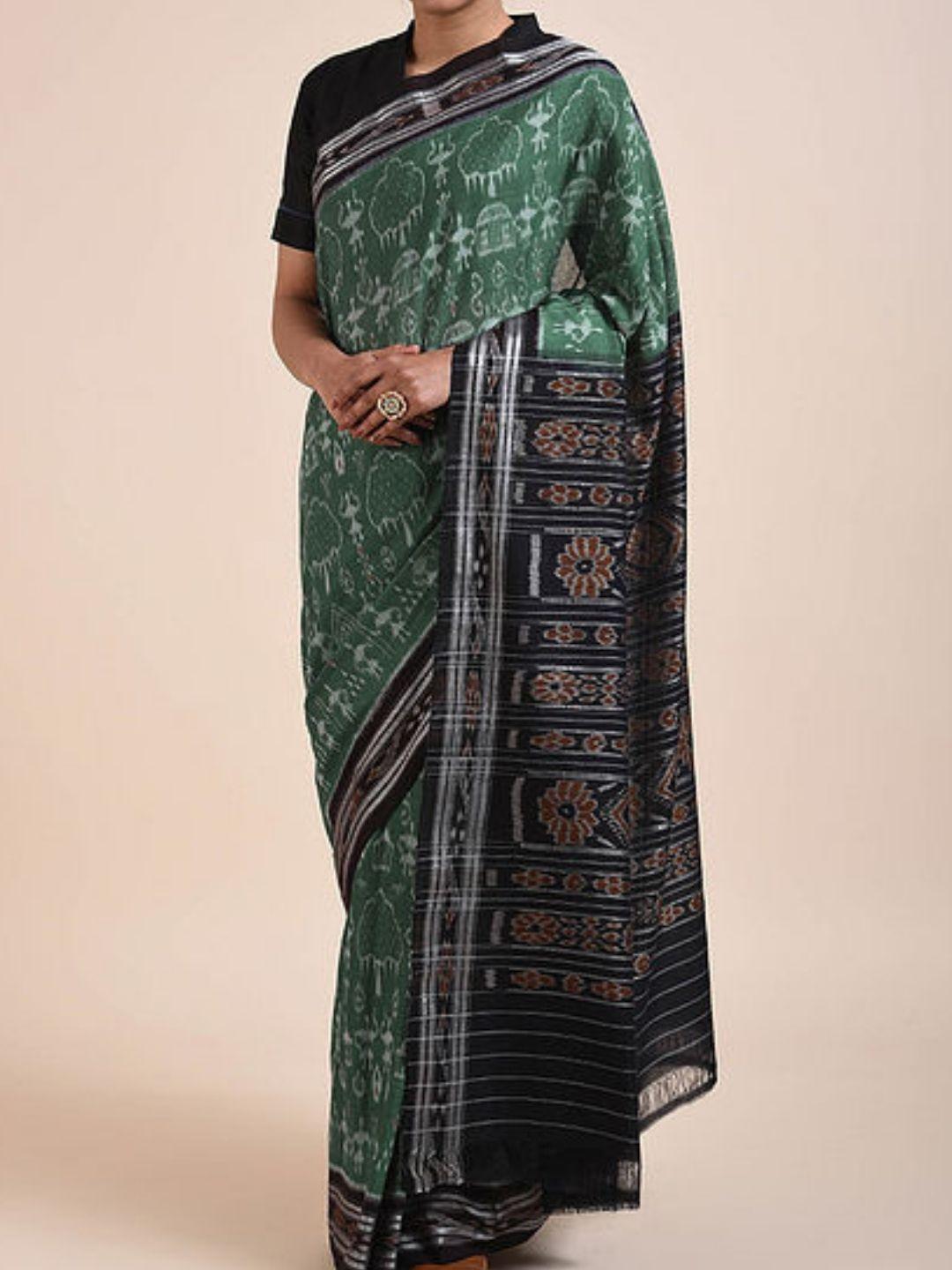 Green tribal woven motifs Sambalpuri Cotton Saree - Crafts Collection