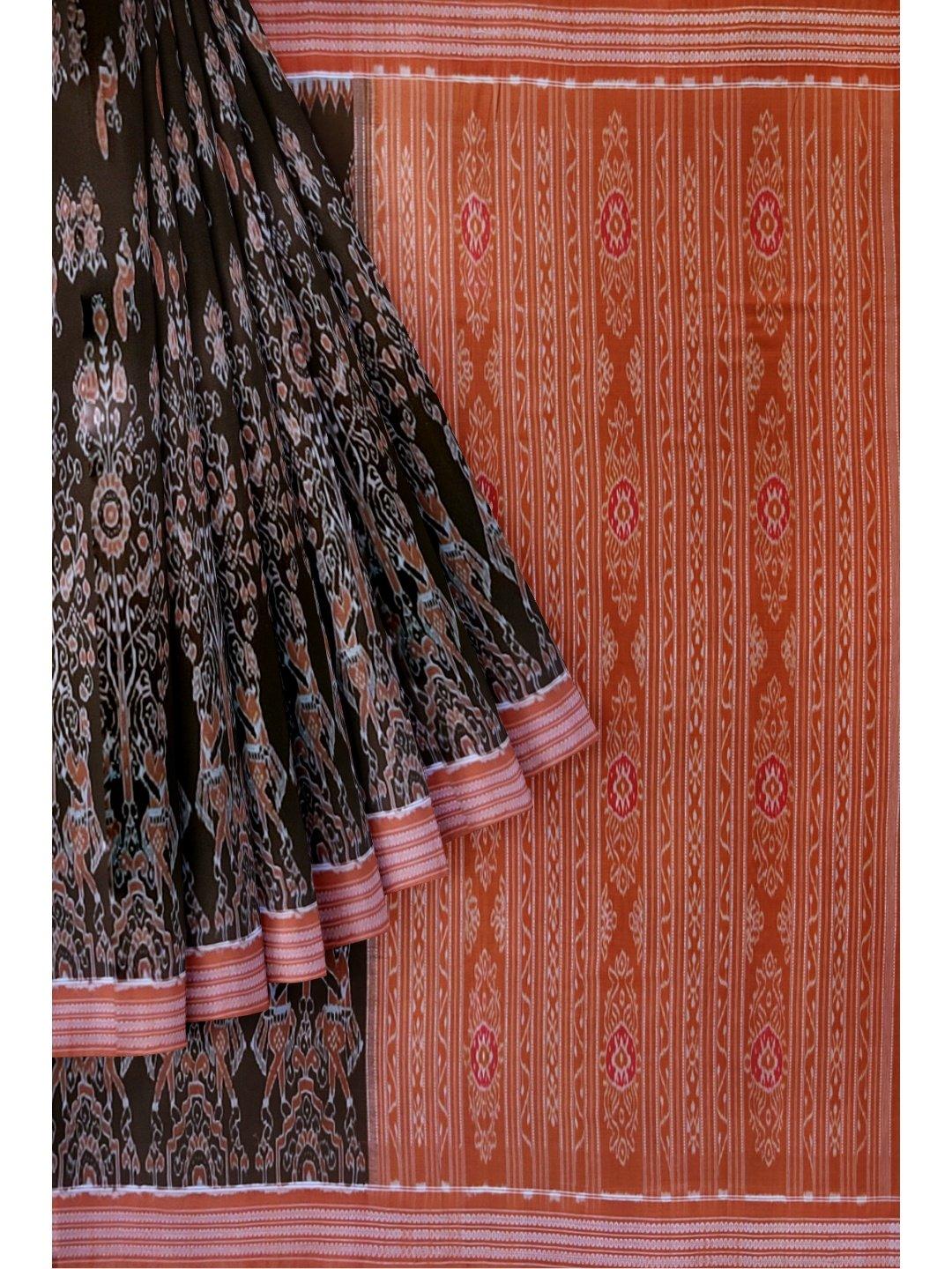 Olive Green and Rust Sambalpuri Ikat Cotton Saree - Crafts Collection