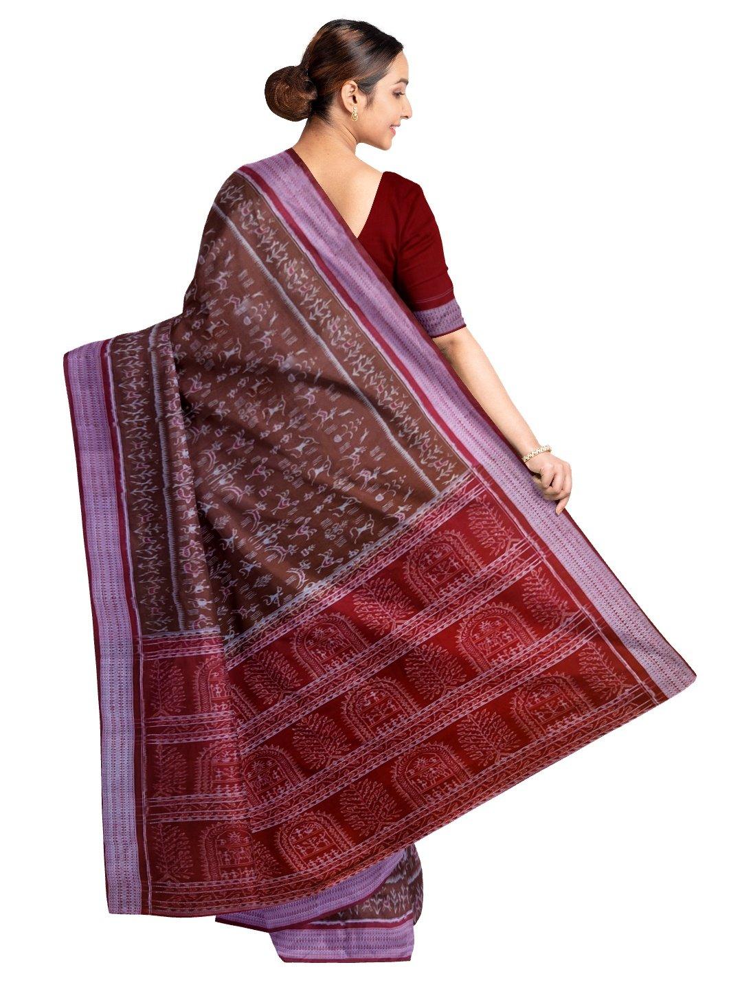 Brown Sambalpuri Cotton Saree with woven tribal motifs - Crafts Collection