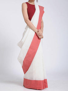 White Red Plain Sambalpuri Saree - Crafts Collection