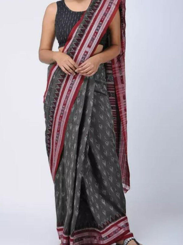 Smartly Combined Grey Cotton Silk and Pure Ikat Blouse with red