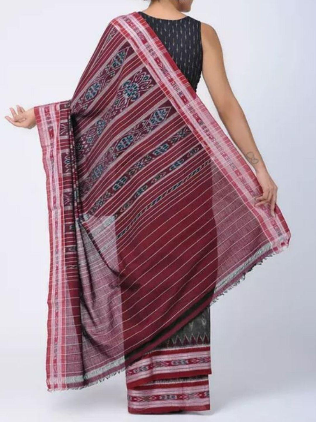 Grey and Red Sambalpuri Ikat Cotton Saree - Crafts Collection