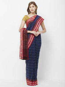 CraftsCollection.in - Blue and Red Sambalpuri Ikat Cotton Saree