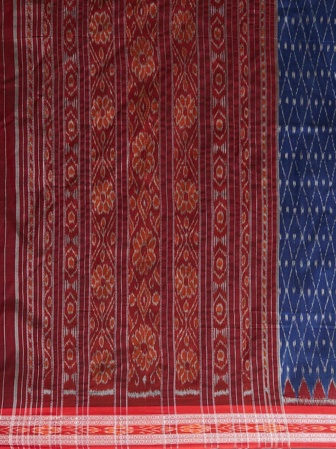 CraftsCollection.in - Blue and Red Sambalpuri Ikat Cotton Saree