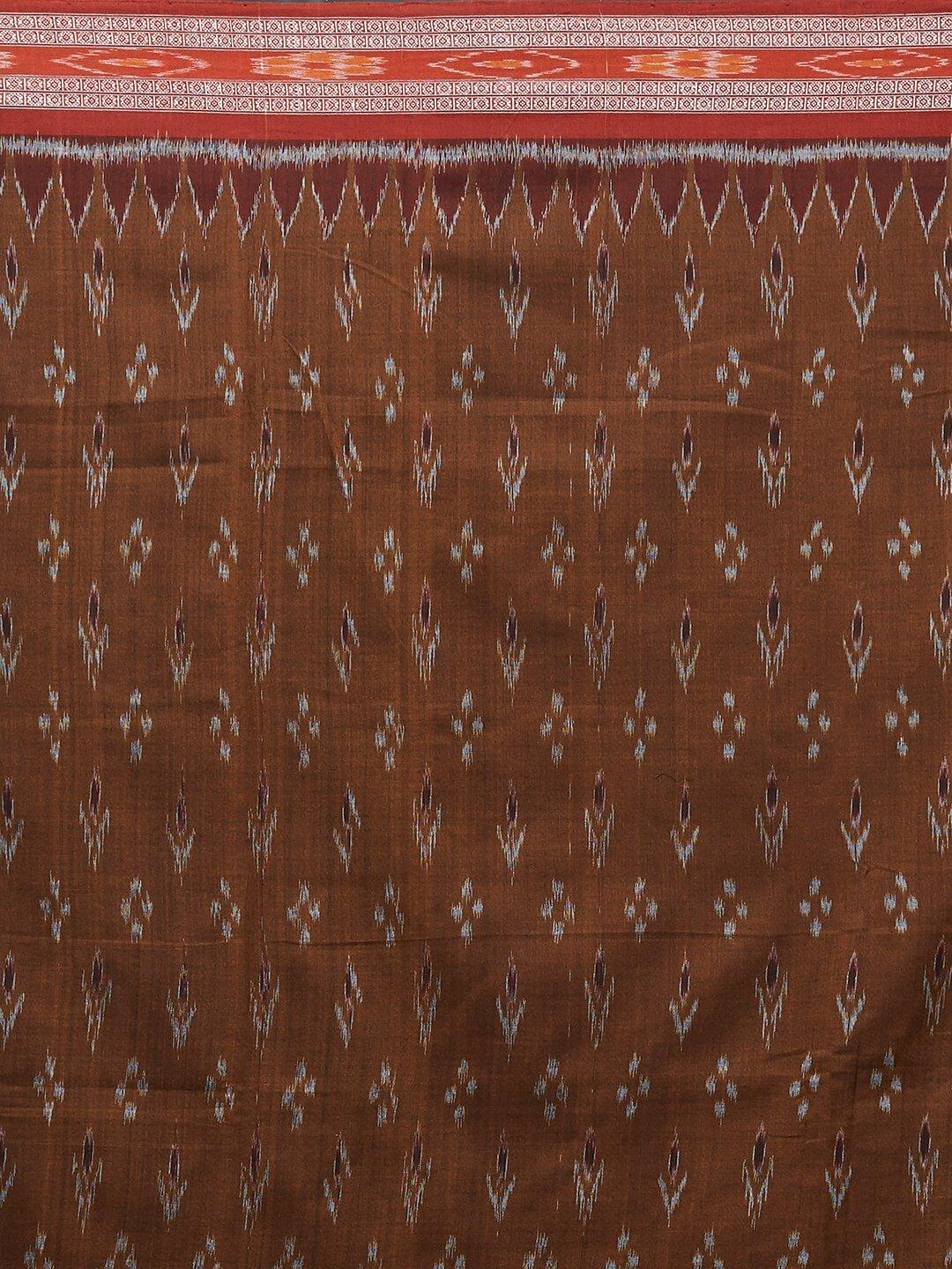 CraftsCollection.in -Brown and Red Sambalpuri Ikat Cotton Saree