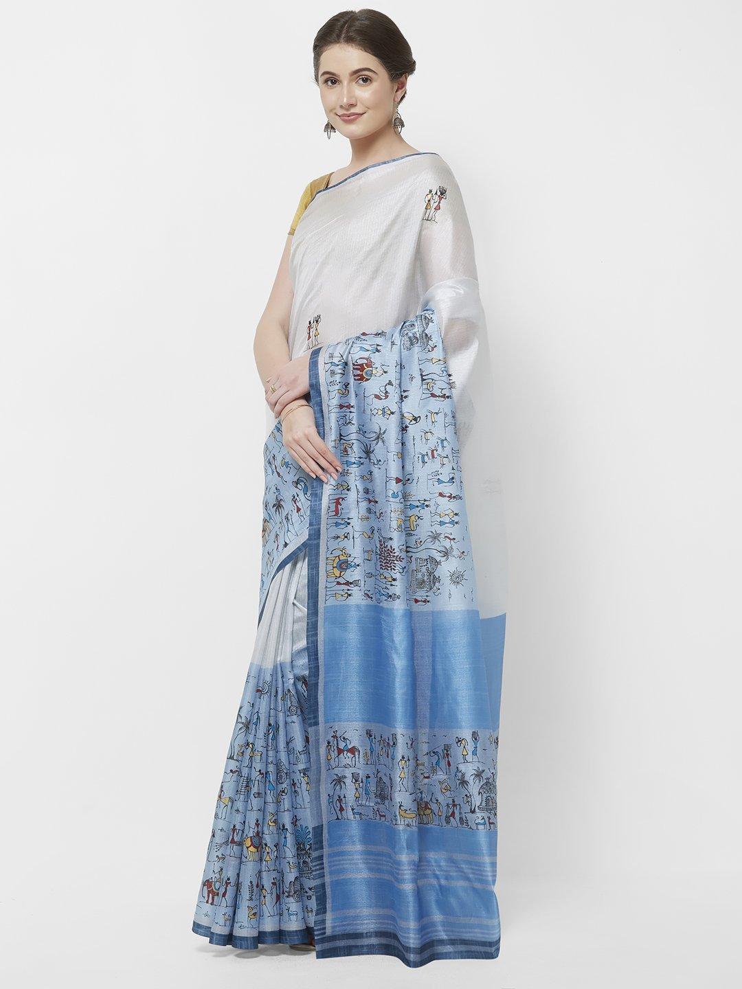 CraftsCollection.in -White and Blue Chanderi Saree with handpainted Tribal motifs