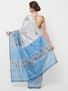 CraftsCollection.in -White and Blue Chanderi Saree with handpainted Tribal motifs