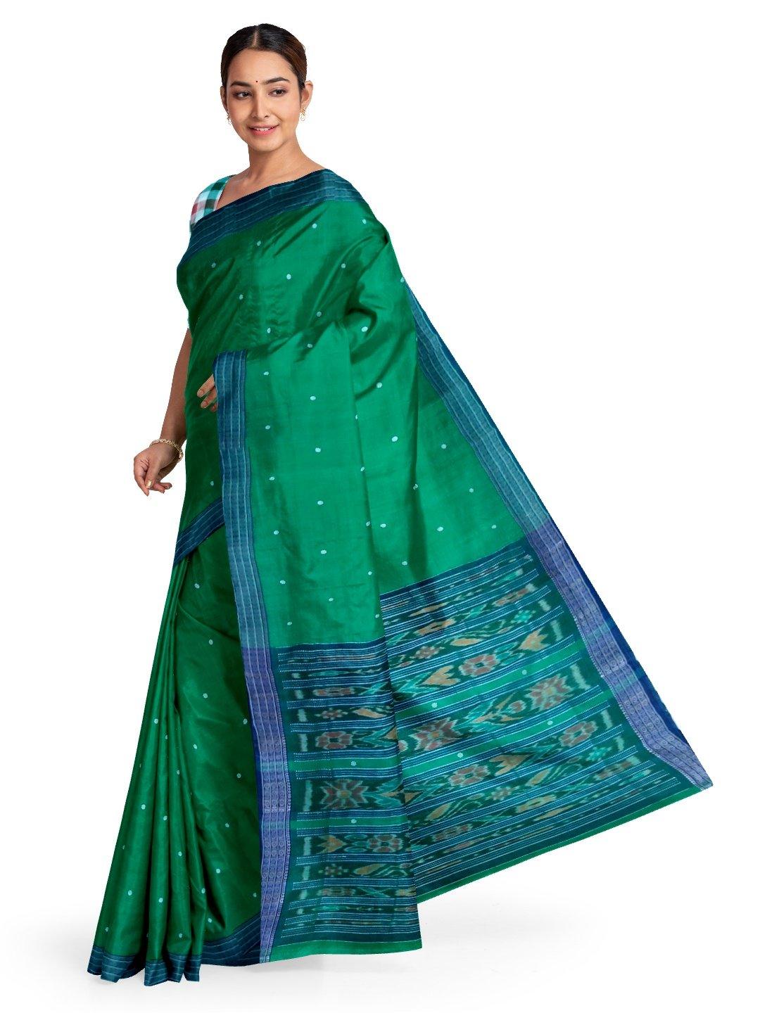 Green Cotton Sambalpuri Saree with matching Sambalpuri Blouse - Crafts Collection