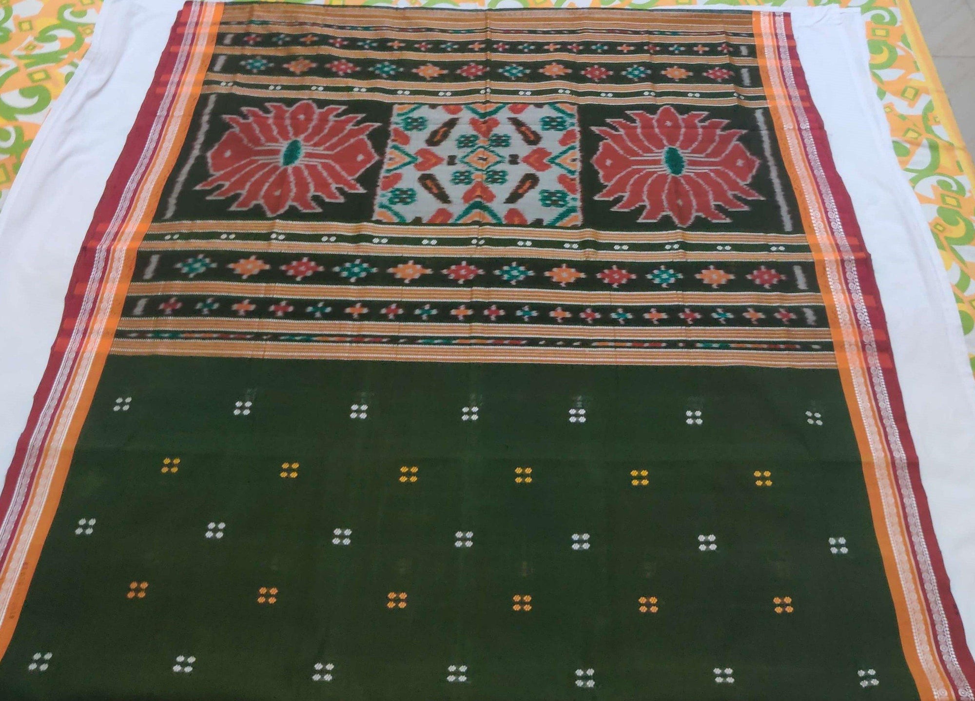 Green Double border Cotton Sambalpuri Saree with matching Sambalpuri Ikat Blouse - Crafts Collection