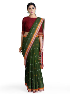 Green Double border Cotton Sambalpuri Saree with matching Sambalpuri Ikat Blouse - Crafts Collection