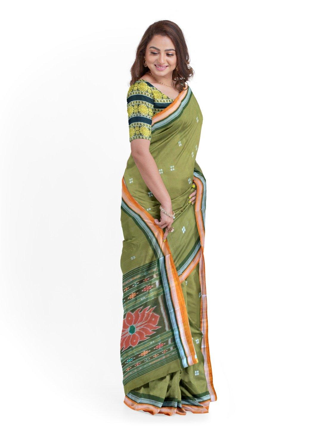 Brown Double border Cotton Sambalpuri Saree with matching Sambalpuri Ikat Blouse - Crafts Collection