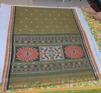 Brown Double border Cotton Sambalpuri Saree with matching Sambalpuri Ikat Blouse - Crafts Collection