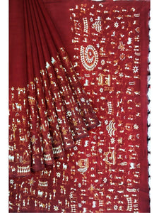 Maroon Cotton Saree with hand painted Tribal Motifs - Crafts Collection