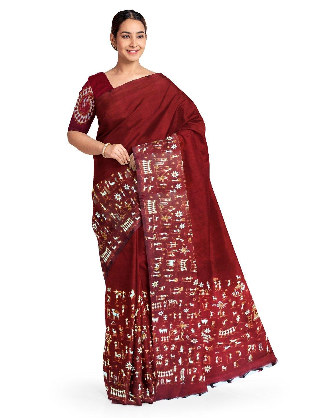 Maroon Cotton Saree with hand painted Tribal Motifs - Crafts Collection