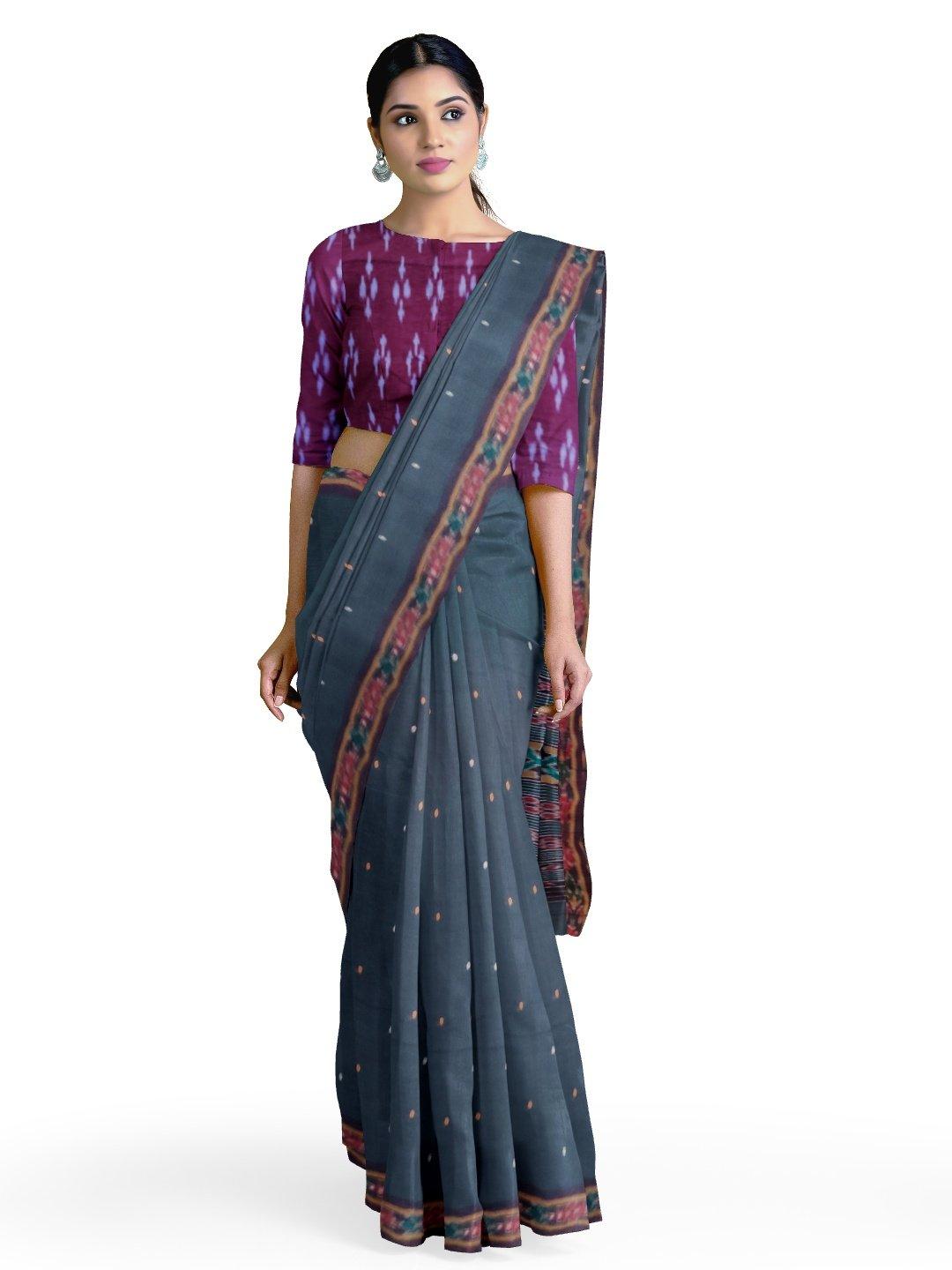 Grey Odisha Cotton Saree with matching Sambalpuri Blouse - Crafts Collection