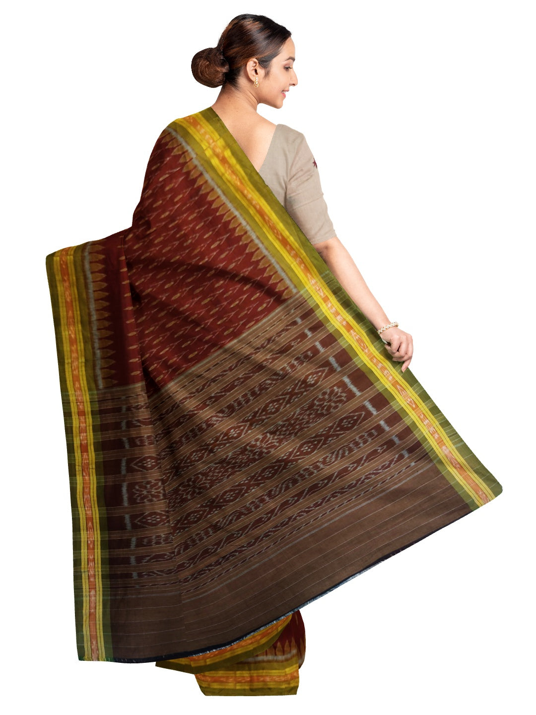 Maroon Cotton Odisha Ikat saree with embroidery ikat blouse piece