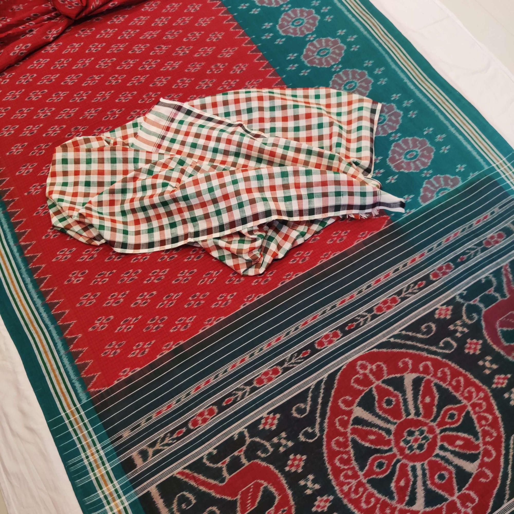 Red Cotton Odisha Ikat saree with sambalpuri ikat blouse piece