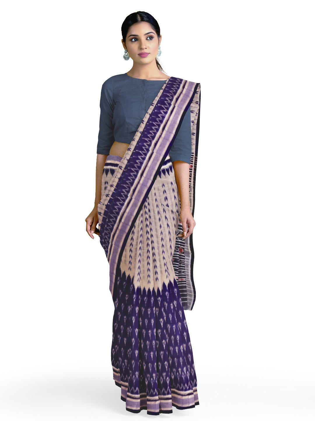 Grey and blue Cotton half half Odisha Ikat saree