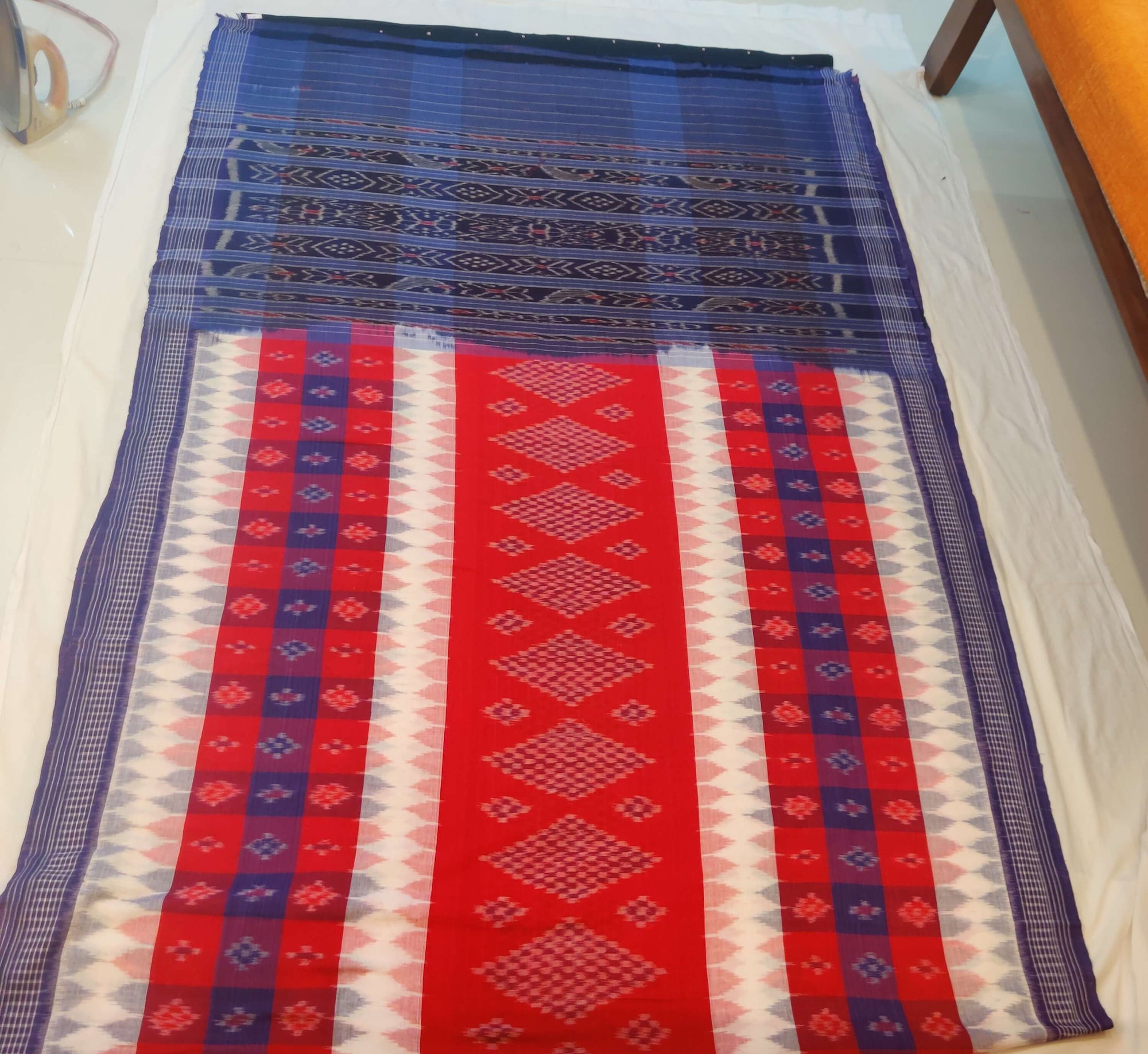Blue white red Cotton Odisha Ikat saree with sambalpuri ikat blouse piece