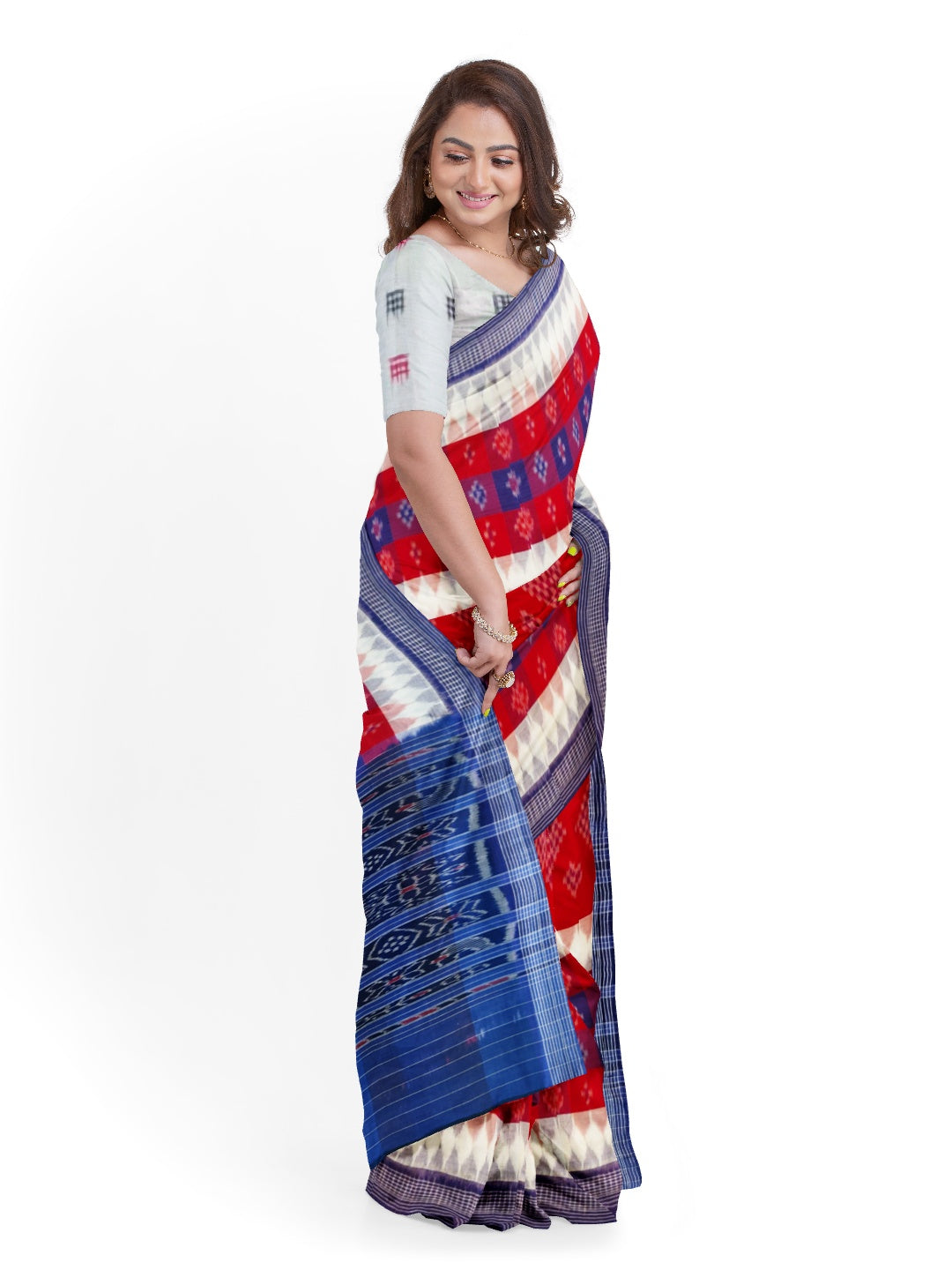 Blue white red Cotton Odisha Ikat saree with sambalpuri ikat blouse piece
