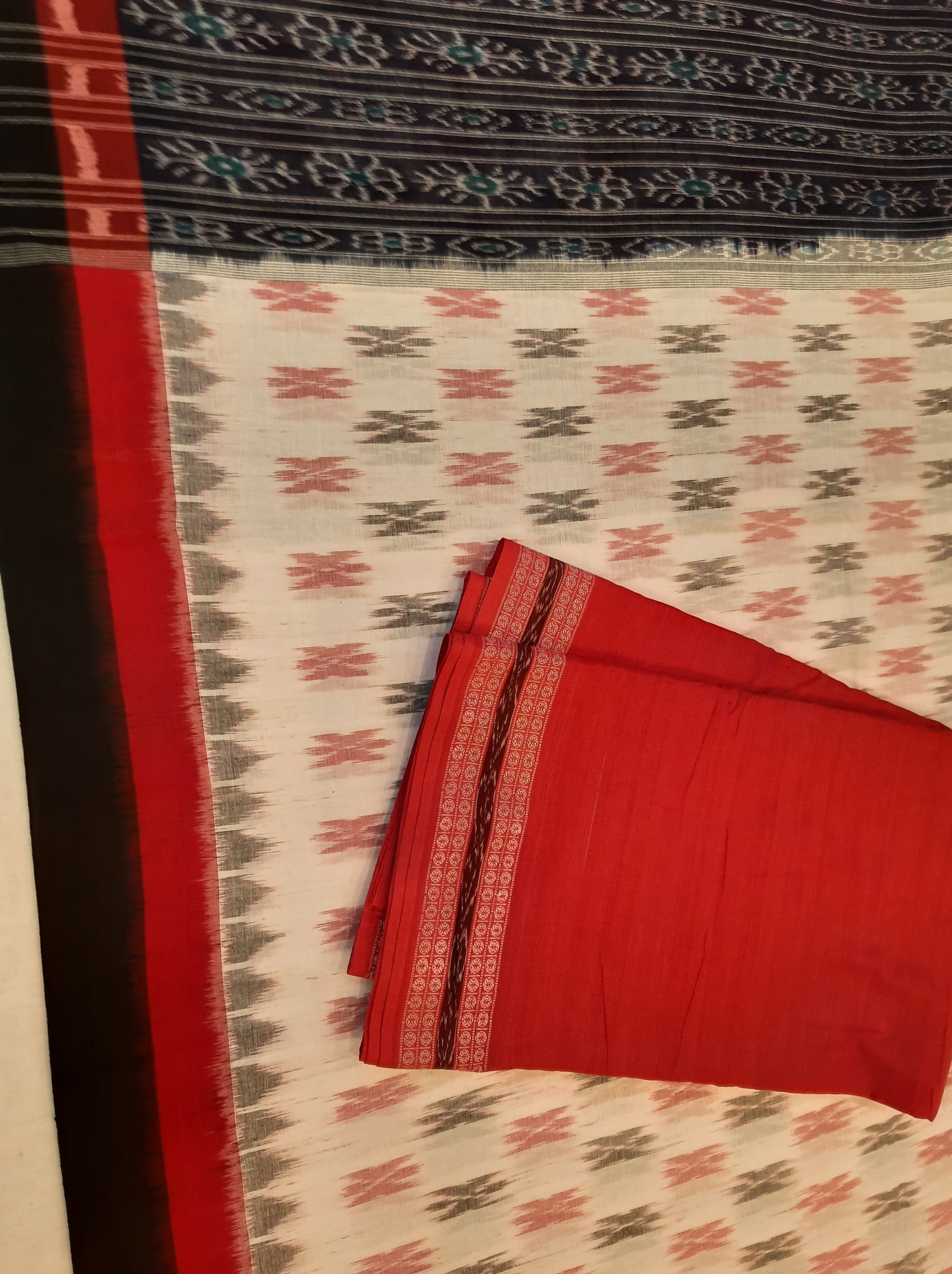White and Red Odisha Ikat saree with cotton Sambalpuri Ikat blouse