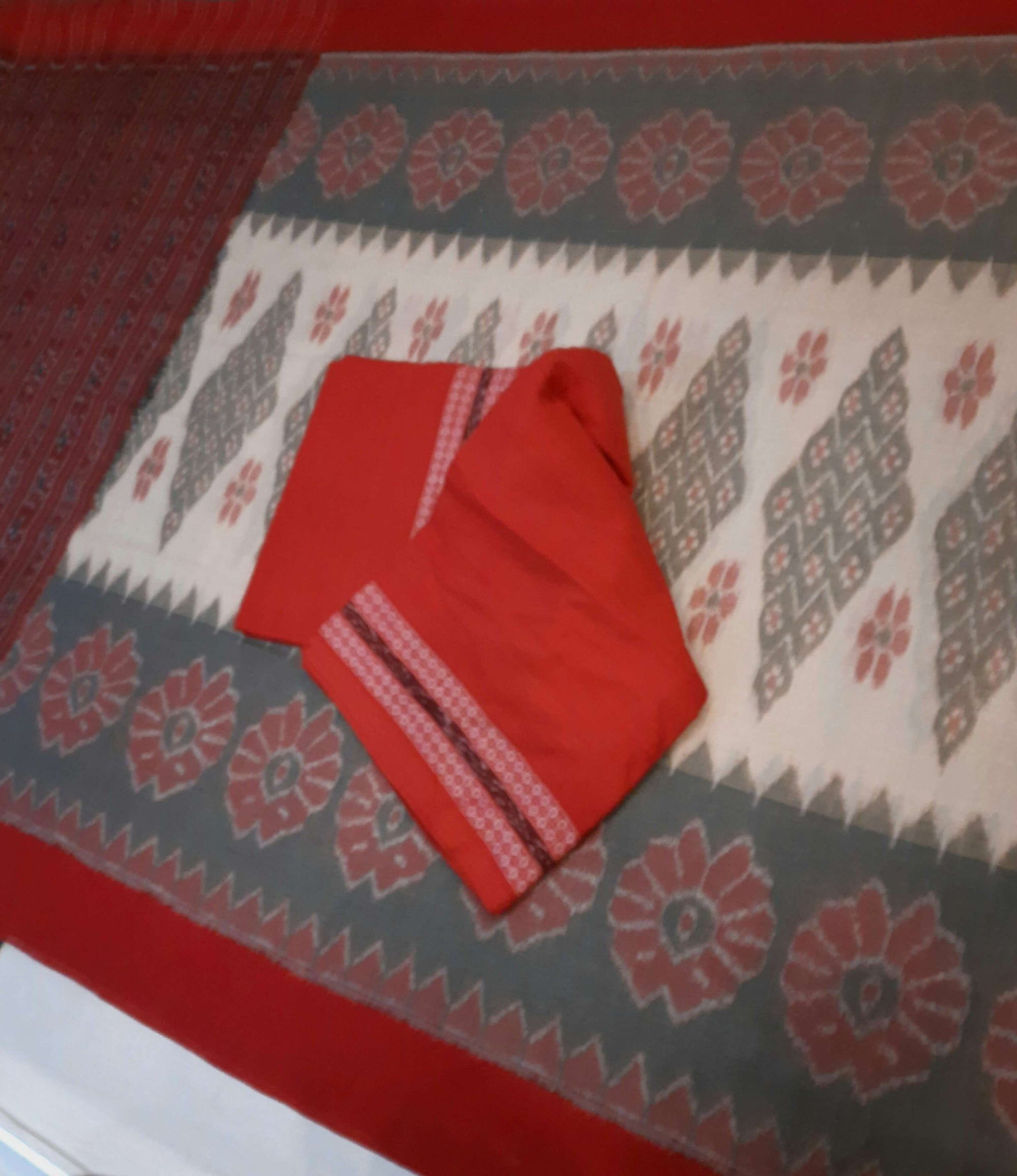 Beige Cotton wide border Odisha Ikat saree  with cotton ikat blouse