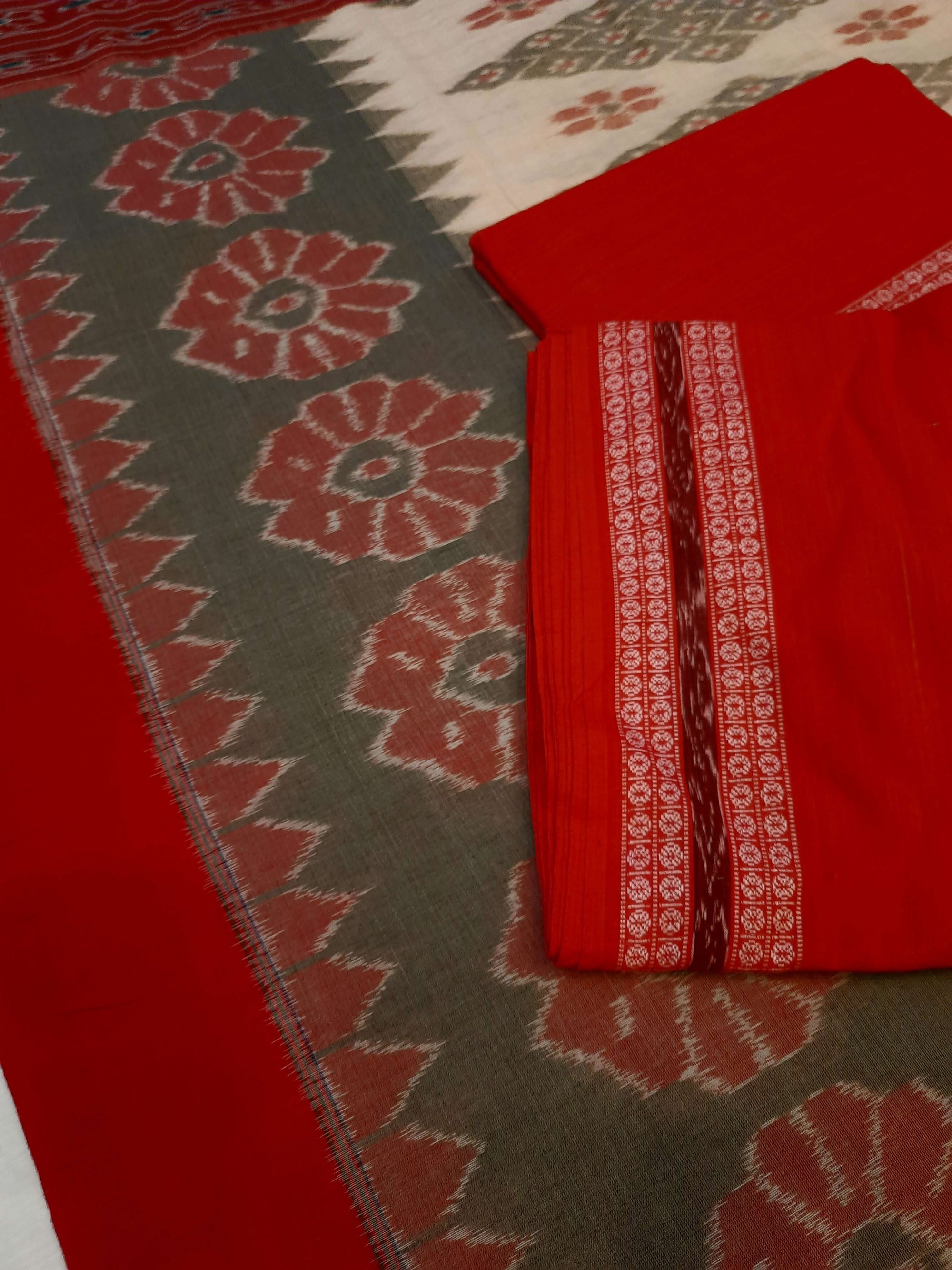 Beige Cotton wide border Odisha Ikat saree  with cotton ikat blouse