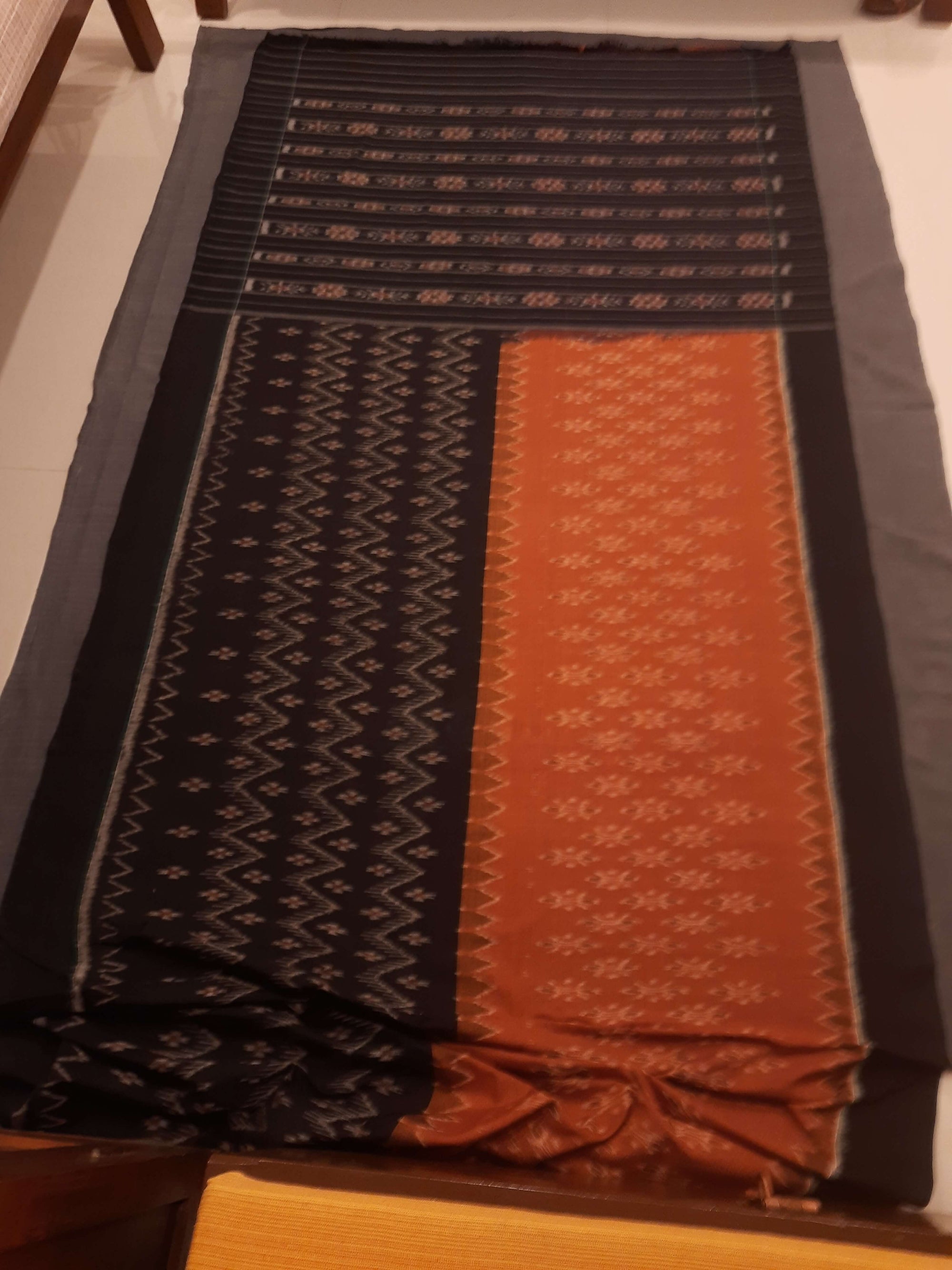 Rust and Black half half Cotton Odisha Ikat saree with sambalpuri ikat blouse piece