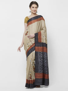 CraftsCollection.in -Beige Tussar Silk Saree with Handpainted Pattachitra motifs