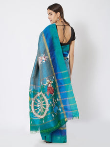 CraftsCollection.in - Blue Upada Silk Saree with Pattachitra Motifs