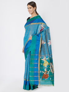 CraftsCollection.in - Blue Upada Silk Saree with Pattachitra Motifs