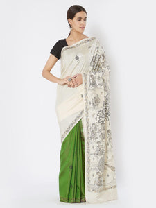 CraftsCollection.in - Green White Silk Saree with Pattachitra Motifs