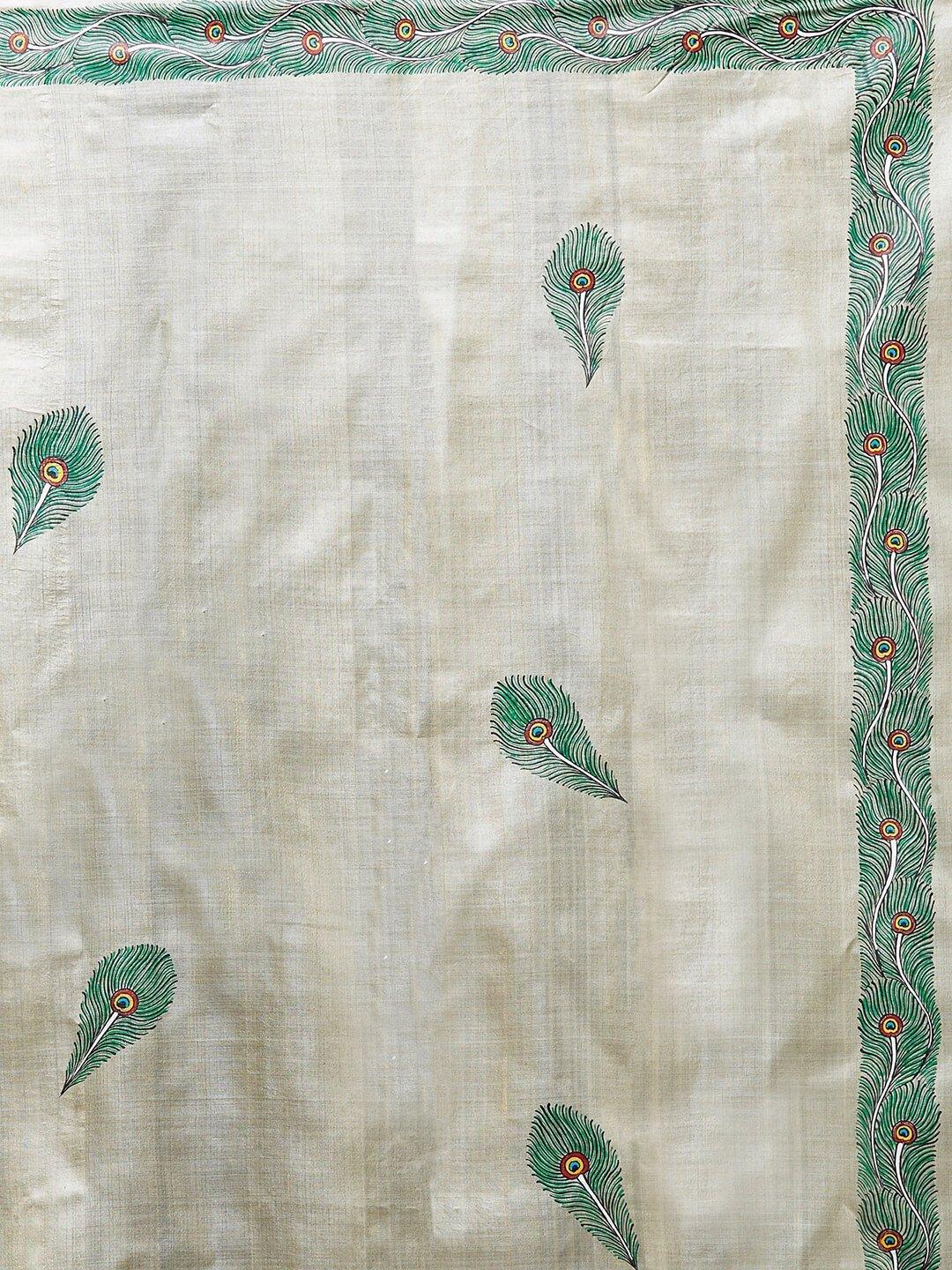 CraftsCollection.in -Beige Tussar Silk Saree with handpainted Pattachitra motifs