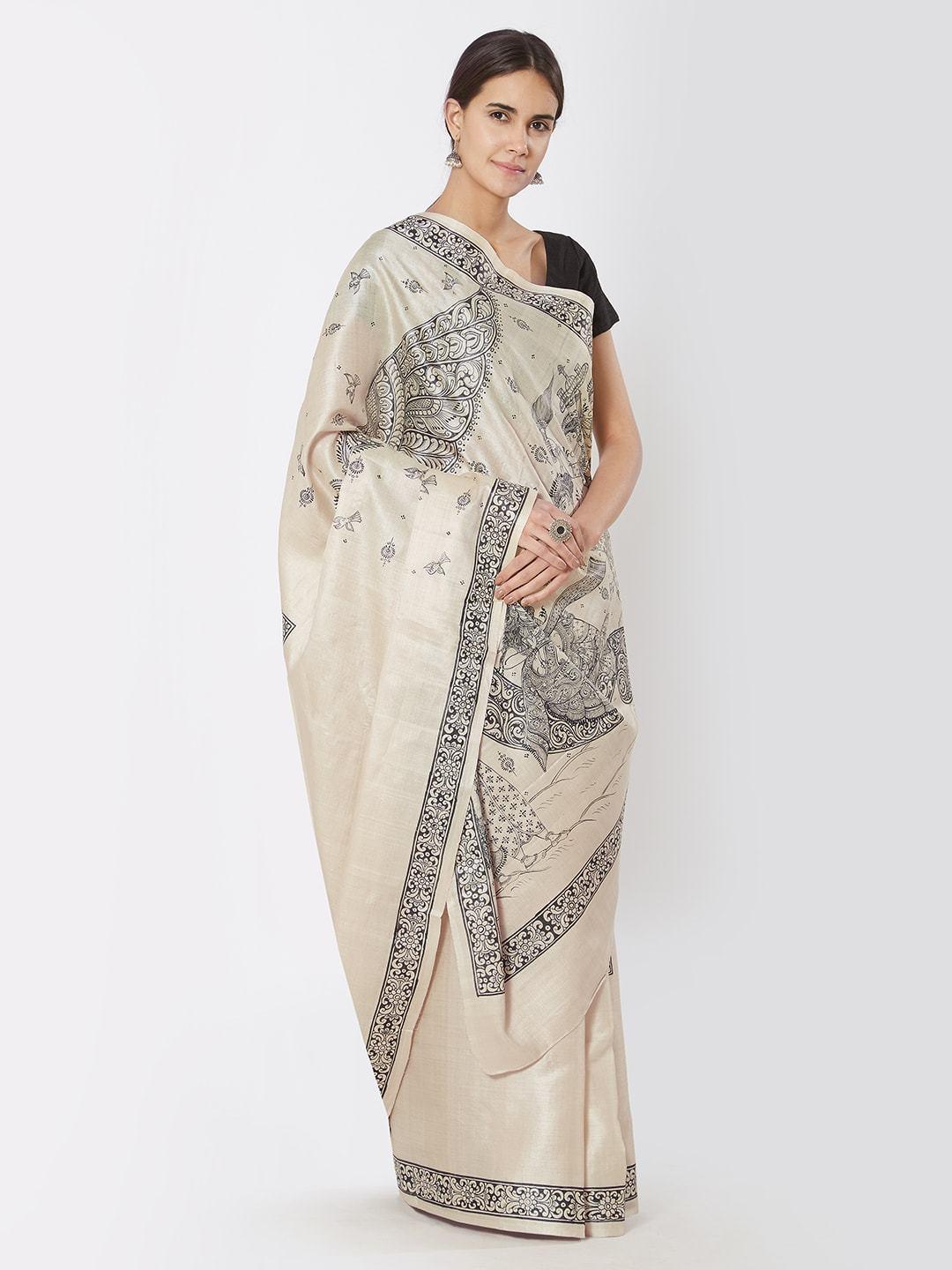 Beige Tussar Silk Saree with Pattachitra Motifs - Crafts Collection
