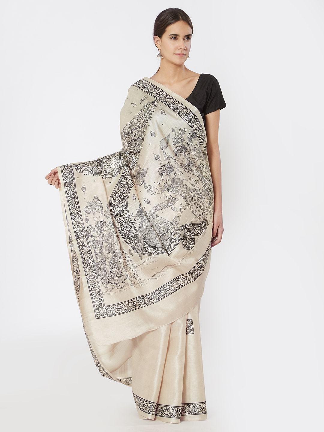 Beige Tussar Silk Saree with Pattachitra Motifs - Crafts Collection