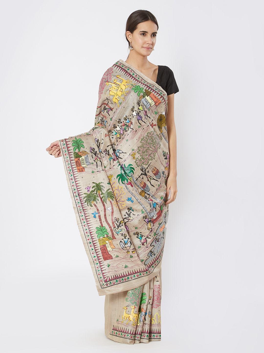 CraftsCollection.in - Beige Tussar Silk Saree with Tribal Motifs and Ikkat Blouse