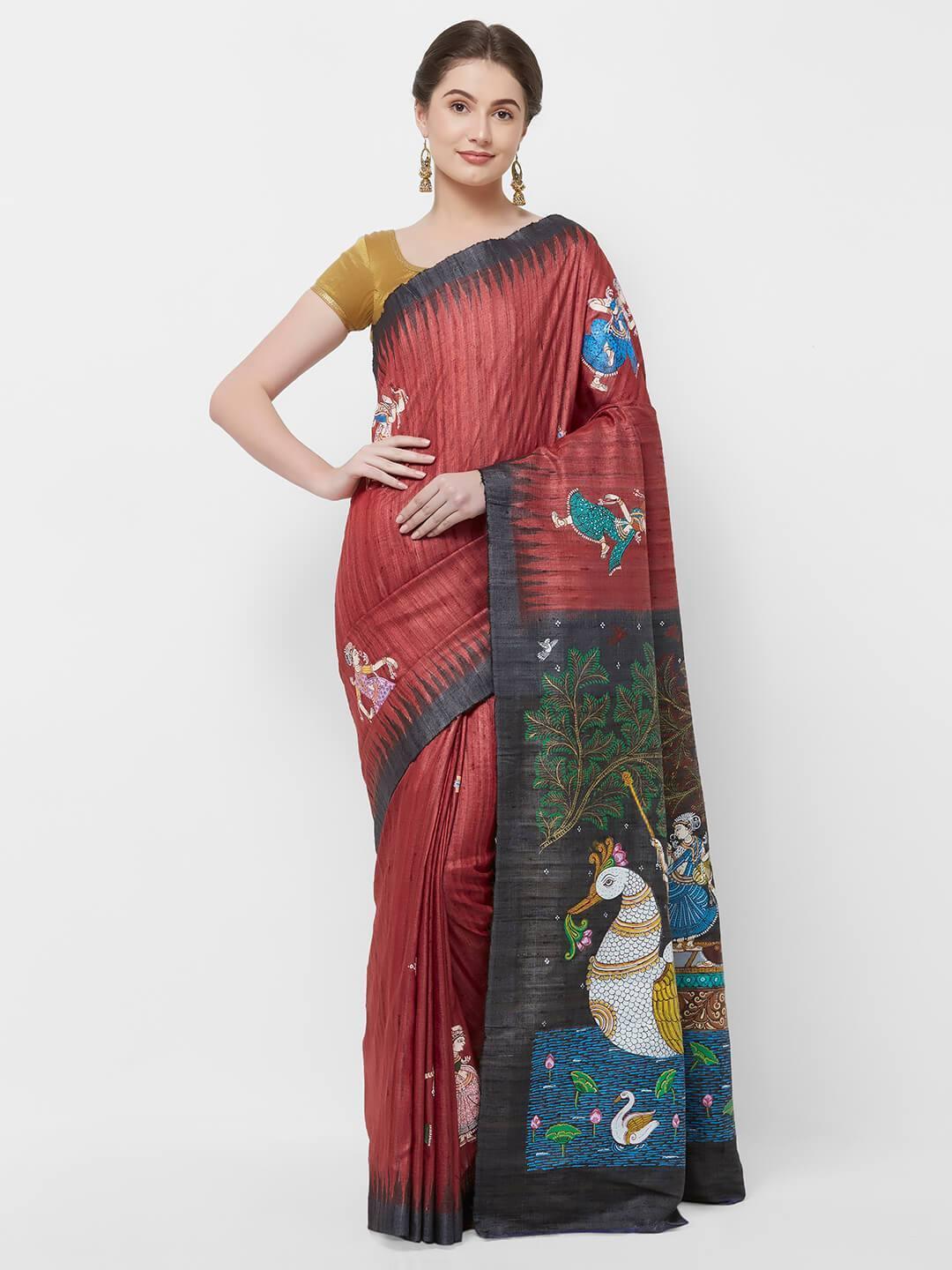 CraftsCollection.in -Red Tussar Ghicha Silk with handpainted Pattachitra Motifs