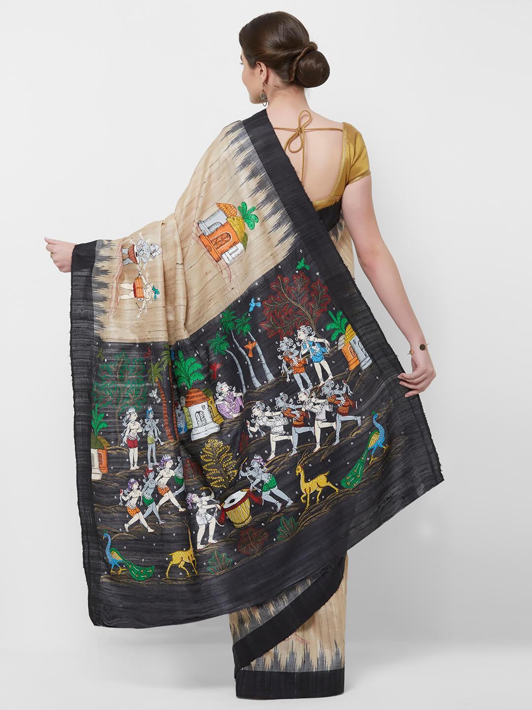 CraftsCollection.in -Beige Tusssar Ghicha Silk with handpainted Tribal art